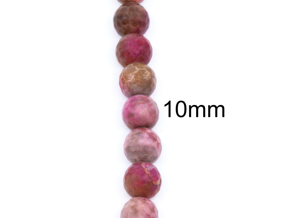 A vertical strand of round polished faceted agate beads in pink, mauve, and brown , with a black text overlay reading '10mm' on a plain white background.