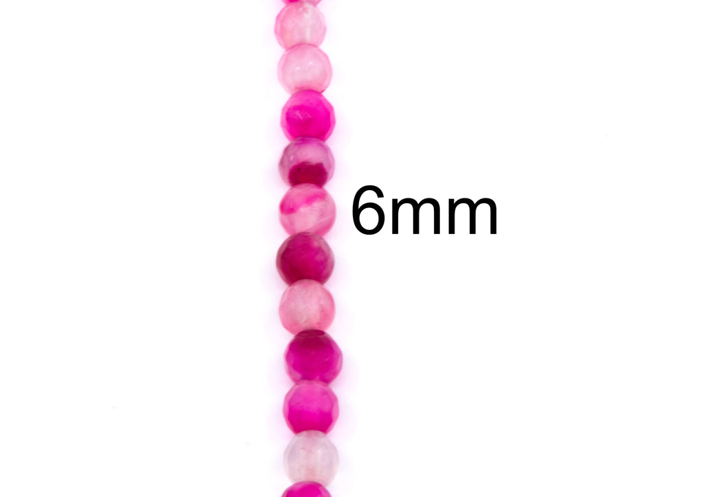 A vertical strand of faceted round agate beads in shades of pink and magenta on a white background, with the text '6mm' printed next to them.