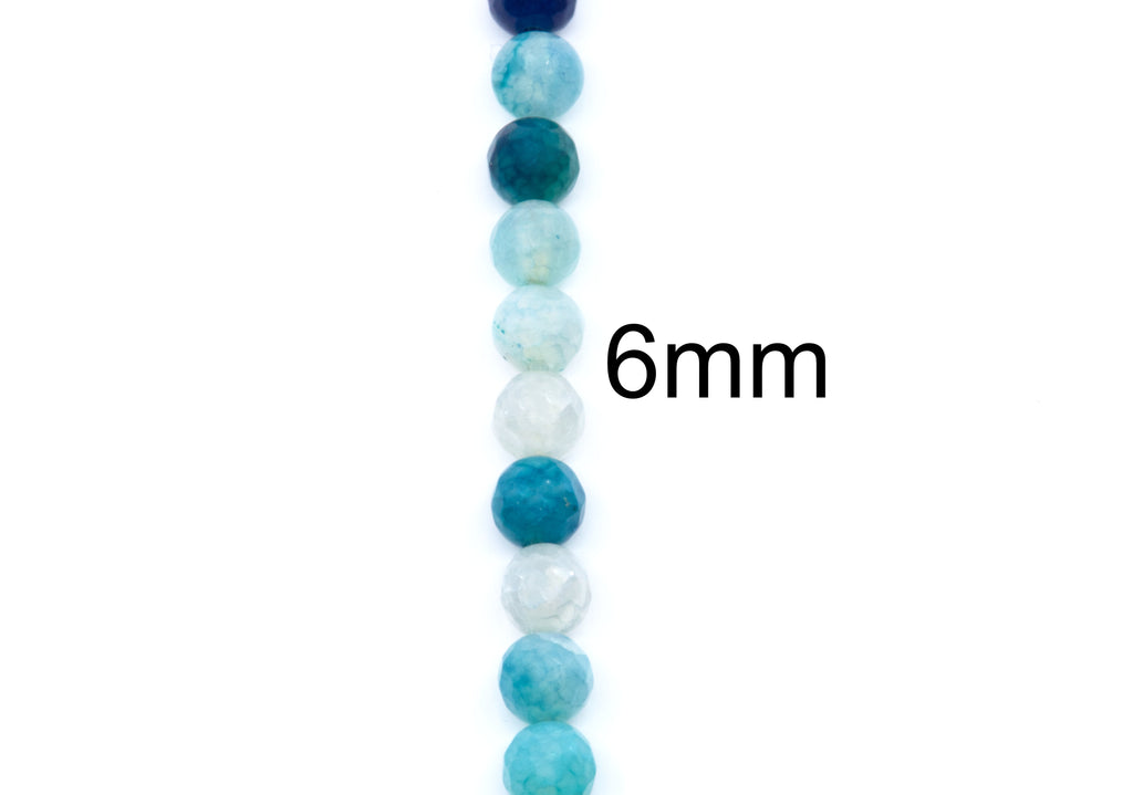 A vertical strand of round faceted agate beads in shades of blue on a plain white background, with the text '6mm' overlaid to indicate bead size.