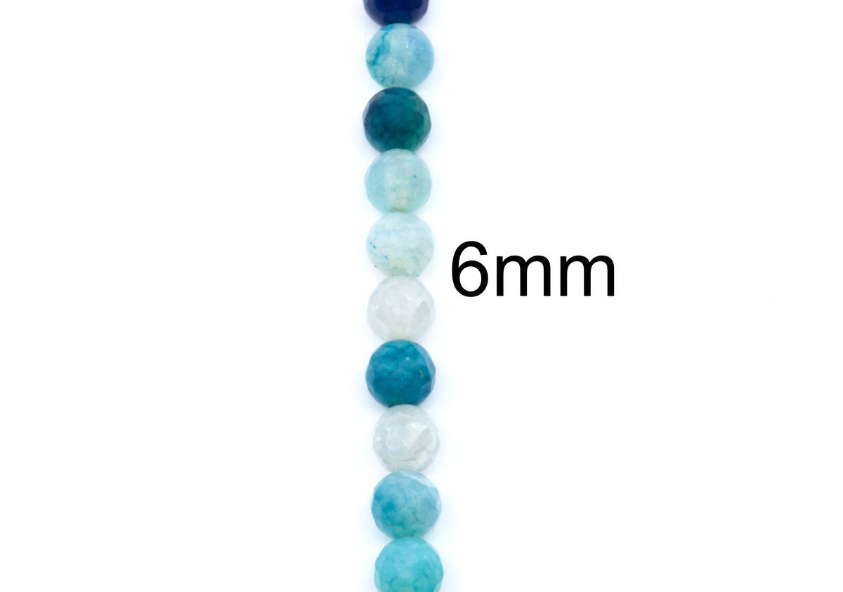 A vertical strand of round faceted agate beads in shades of blue on a plain white background, with the text '6mm' overlaid to indicate bead size.