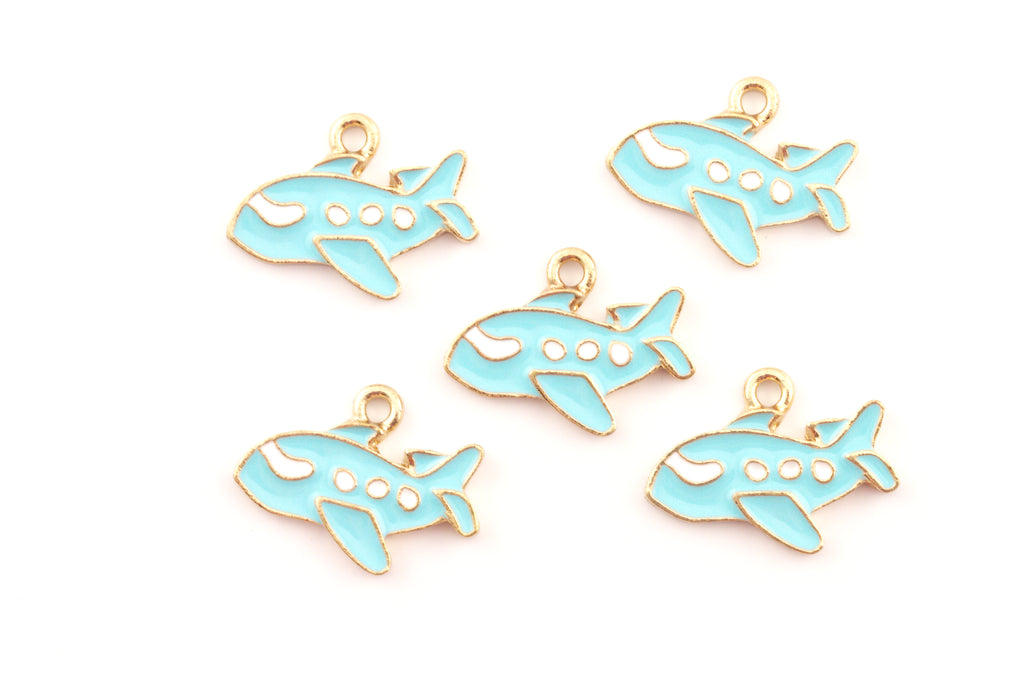 Five small airplane-shaped charms in light blue enamel with gold-tone metal outlines and loops, arranged on a plain white background.
