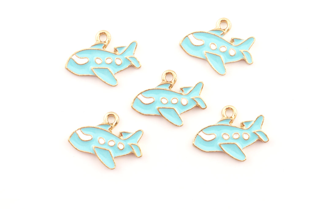 Five small airplane-shaped charms in light blue enamel with gold-tone metal outlines and loops, arranged on a plain white background.