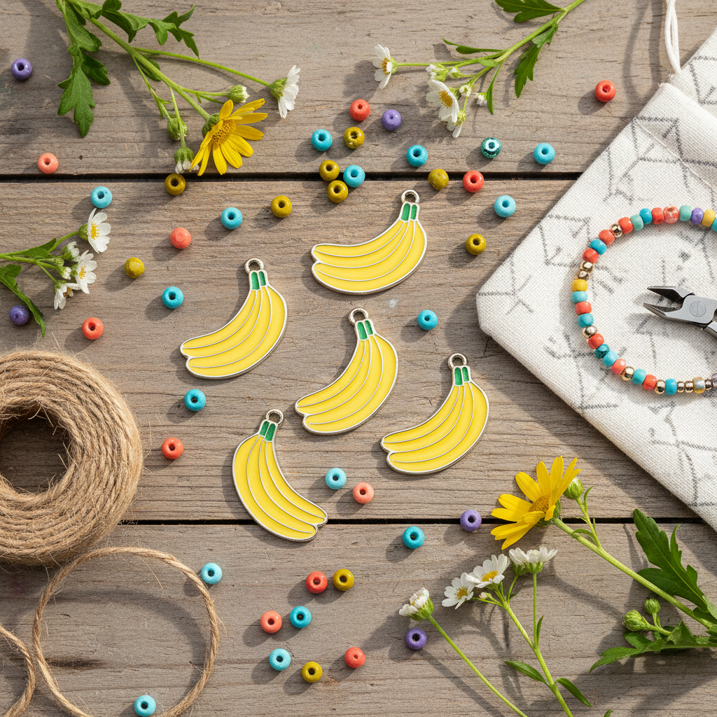 five yellow yellow banana jewelry charms on a light wooden background surrounded by craft supplies and twine