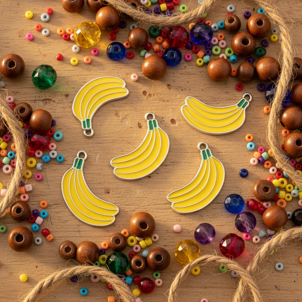 five yellow banana charms on a light brown background surrounded by different sized beads and twine. 