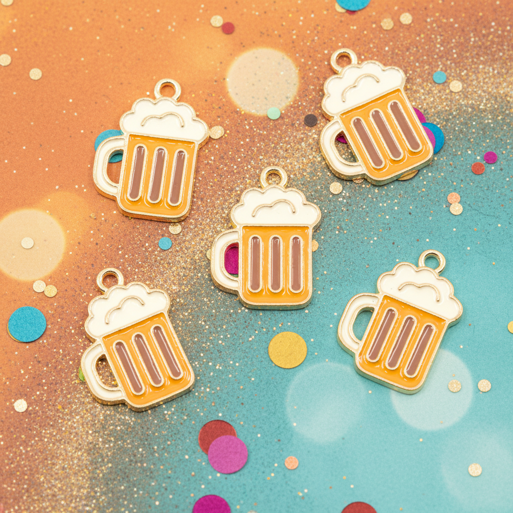 Five beer mug charms with white foam tops and gold-toned outlines, arranged on a colorful glittery background with bokeh circles and confetti.