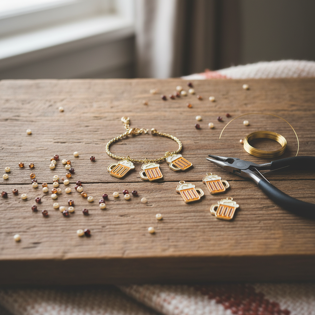 A gold-tone beer mug charm bracelet with four matching charms, displayed on a rustic wooden surface alongside jewelry pliers, a gold ring, and scattered seed beads.