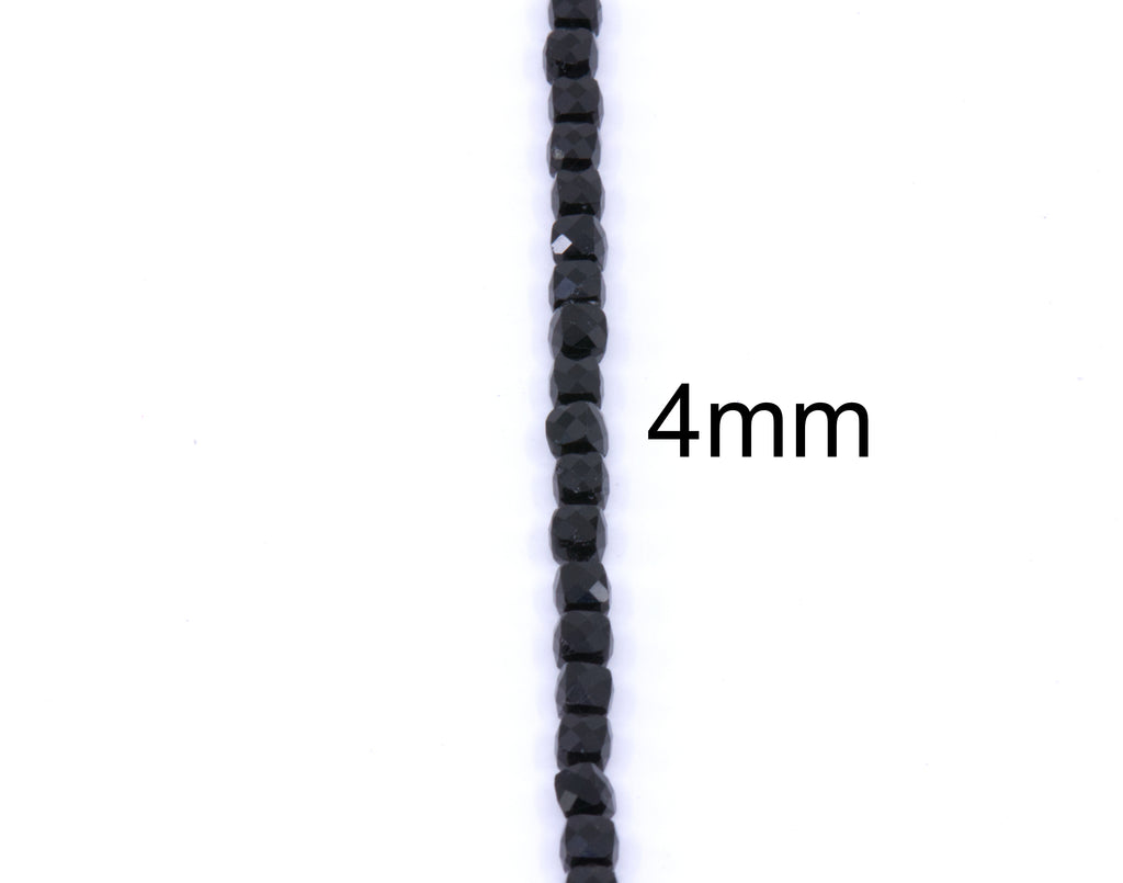 A single strand of black tourmaline cube beads shown vertically on a white background, with the text '4mm' indicating the bead size.