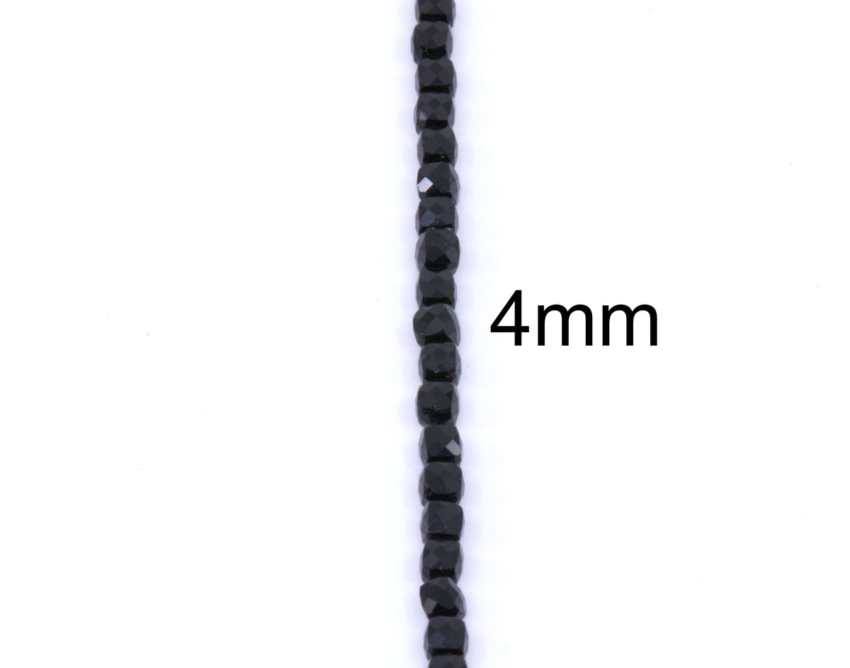 A single strand of black tourmaline cube beads shown vertically on a white background, with the text '4mm' indicating the bead size.