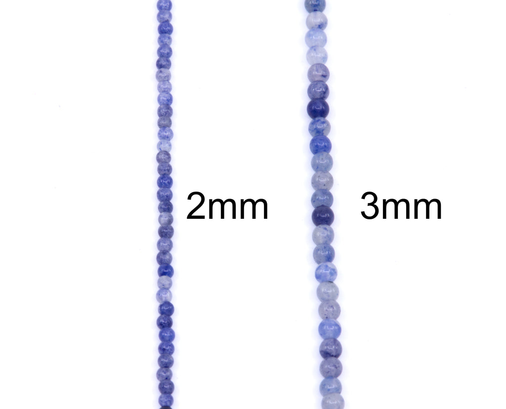 Two strands of round blue aventurine gemstone beads shown on a white background, labeled 2mm and 3mm to indicate bead sizes.