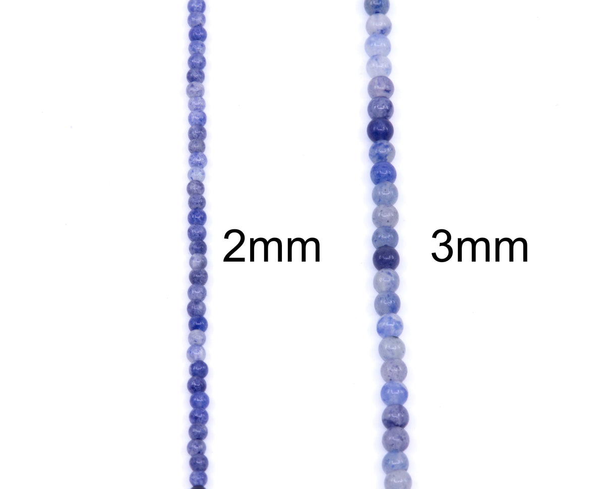Two strands of round blue aventurine gemstone beads shown on a white background, labeled 2mm and 3mm to indicate bead sizes.