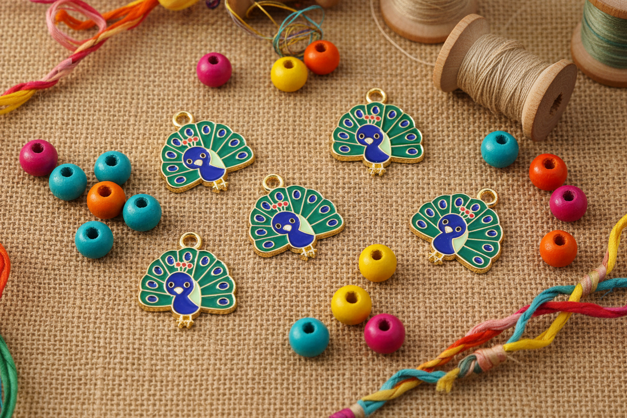 Five peacock-shaped jewelry charms with gold-tone borders and blue and green enamel details, arranged on a beige burlap surface with colorful beads, thread, and spools around them.