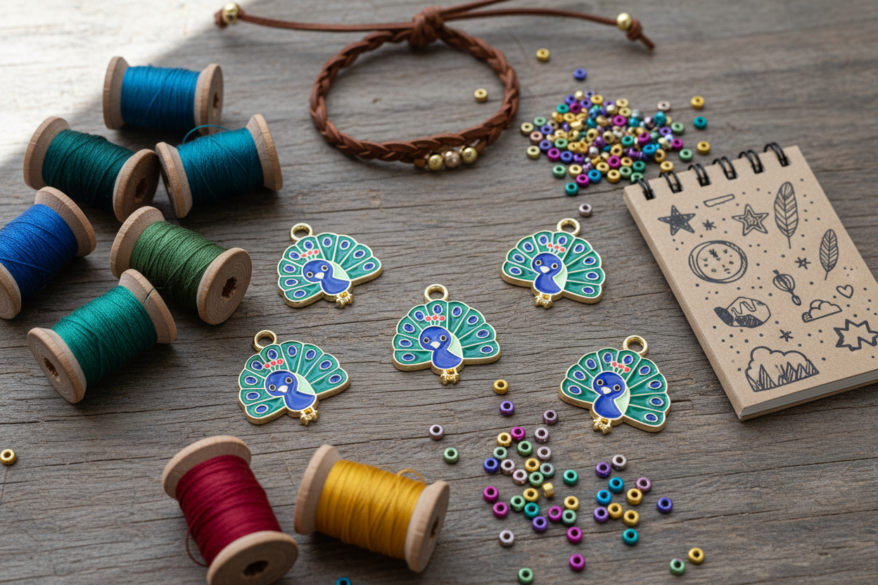 A flat-lay of a beading and jewelry-making kit on a gray wooden surface, featuring colorful spools of thread, small metallic beads, a braided cord bracelet, five peacock-shaped charms, and a small sketch notebook.