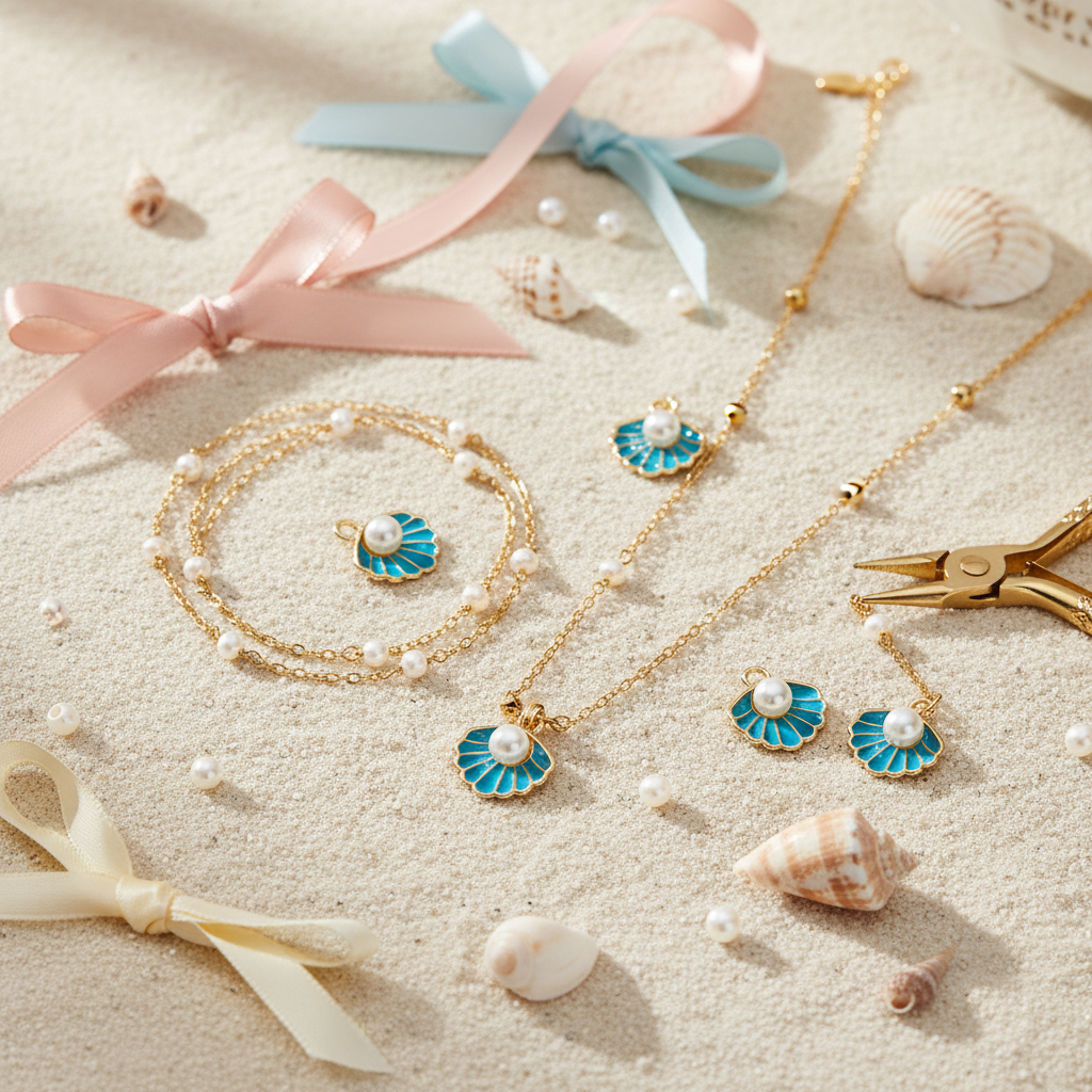 Gold jewelry set with blue seashell charms and faux white pearl centers, arranged on a sandy surface with seashells, ribbons, and a gold-toned tool nearby.