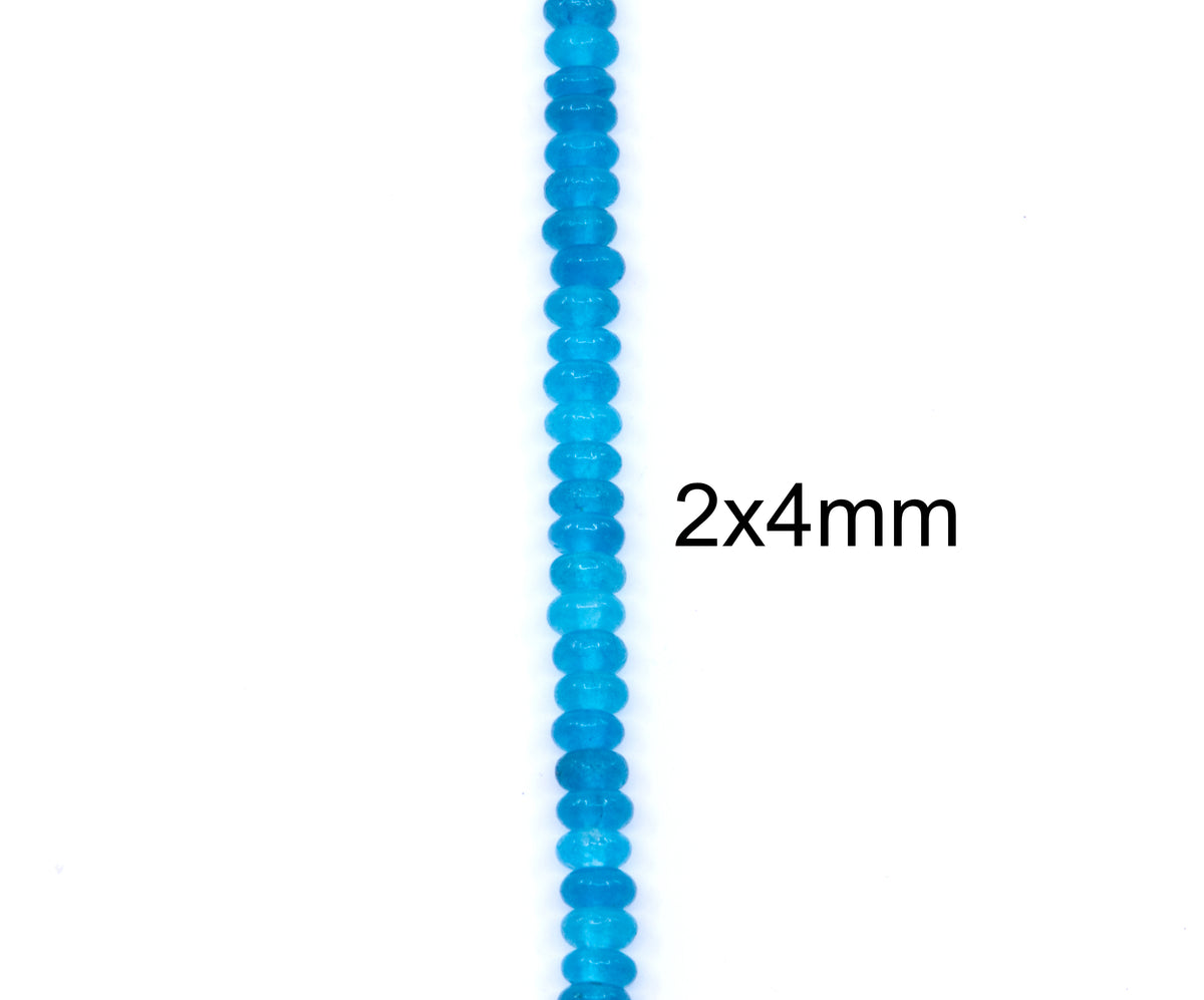 A vertical strand of small round rondelle dyed blue jade beads  shown on a plain white background with the text '2x4mm' overlaid to the right.