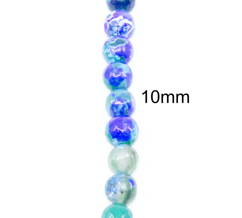 A vertical strand of faceted round agate beads in  blue and green tones on a white background, with the text '10mm' overlaid to the right indicating the bead size.