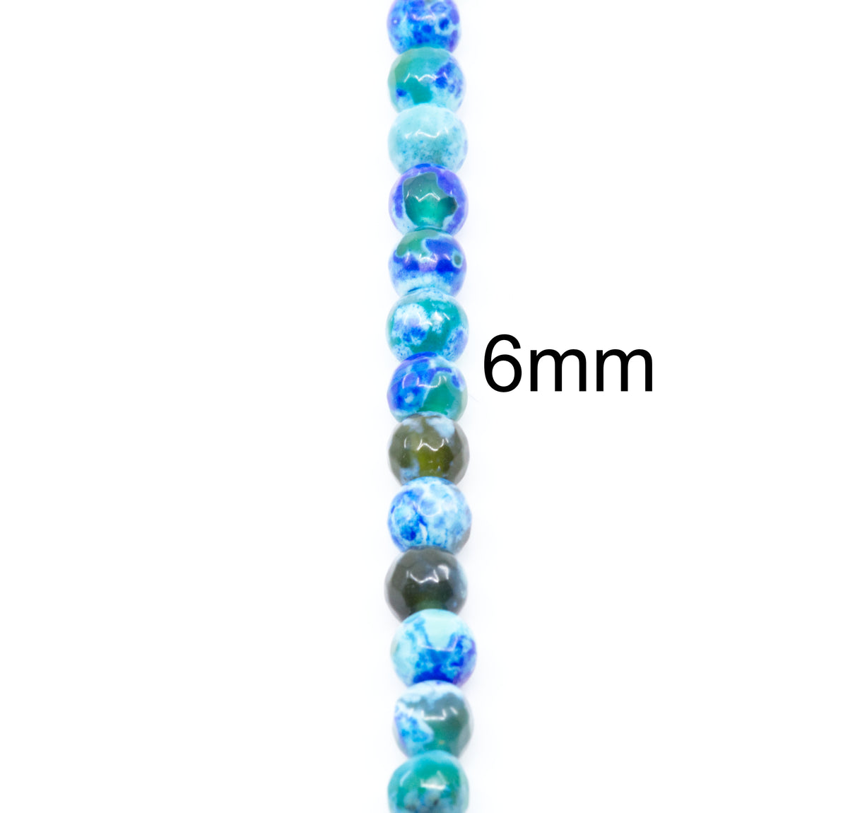 A vertical strand of round faceted agate beads in shades of blue and green on a white background, with the text '6mm' printed to the right indicating the bead size.