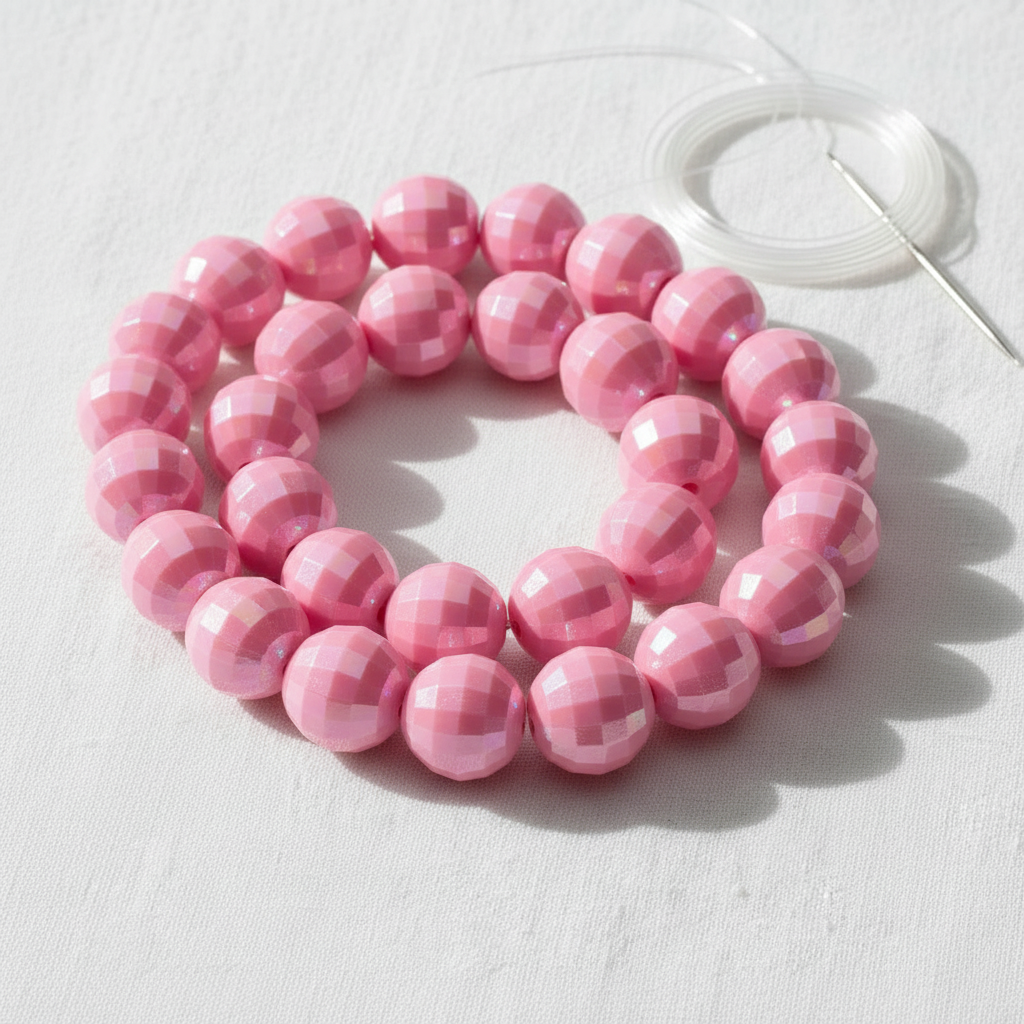 Pink faceted beads shown as a beaded bracelet on a white background