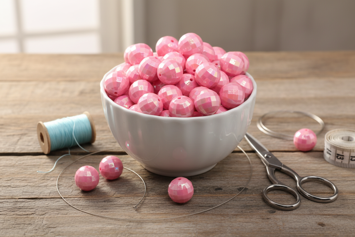 White bowl filled with pink faceted beads on a wooden surface with scissors and thread spools.