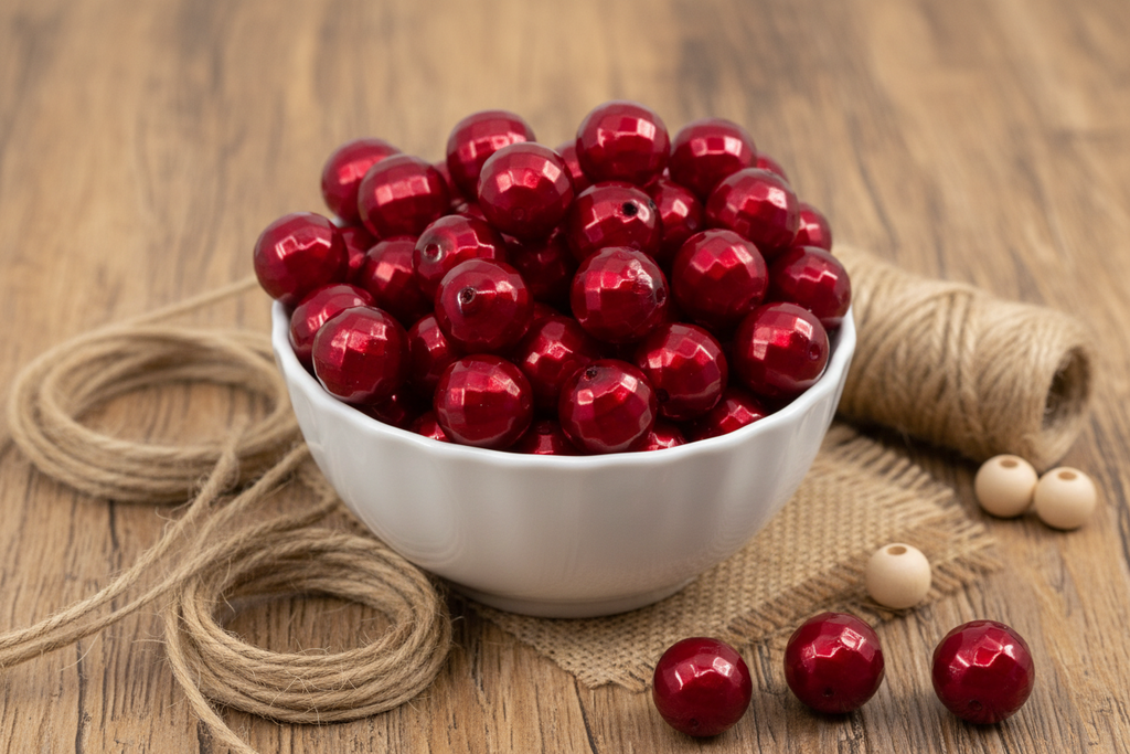 A white ceramic bowl filled with red bubblegum beads, styled on a wooden surface with twine, burlap, and a few loose red and natural wood beads.