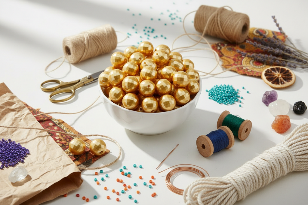 A styled flat-lay of craft supplies on a white surface, featuring a white bowl filled with shiny gold beads, twine spools, scissors, thread spools, colorful beads, crystals, and dried botanicals.