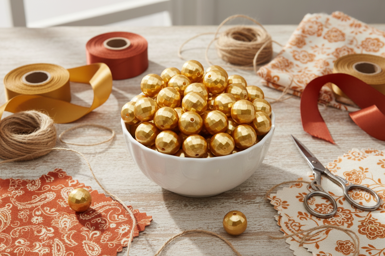 A white bowl filled with shiny gold faceted beads, styled on a light wood surface with ribbons, twine, scissors, and patterned fabric around it.