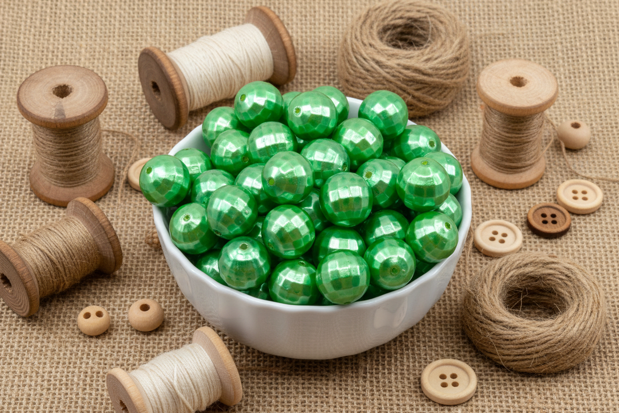 A white bowl filled with shiny green faceted beads, surrounded by wooden spools of thread, twine, buttons, and burlap on a tan fabric background.