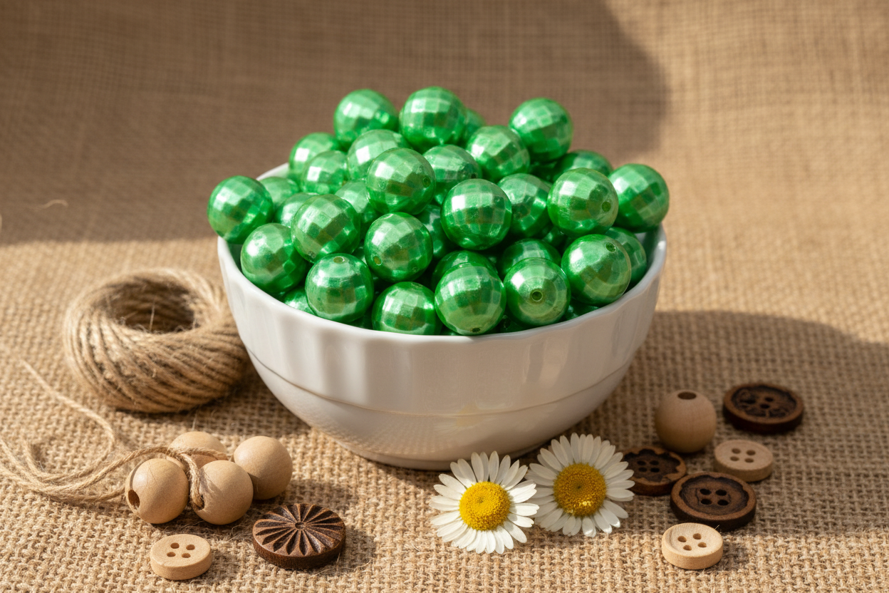 A white ceramic bowl filled with shiny green faceted beads, styled on a burlap surface with twine, wooden beads, buttons, and daisies.