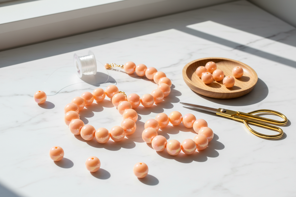 orange iridescent beads displayed necklace and earrings on a light craft surface with a pair of scissors and bowl. 