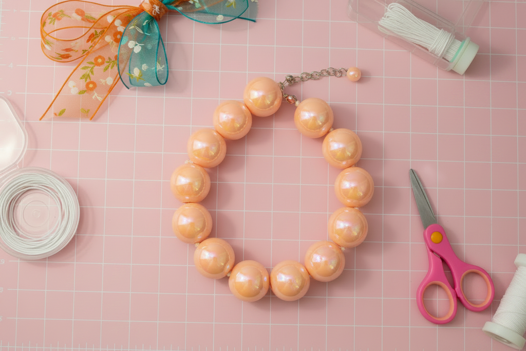 orange iridescent beads displayed as a bracelet on a pink surface with scissors and ribbons