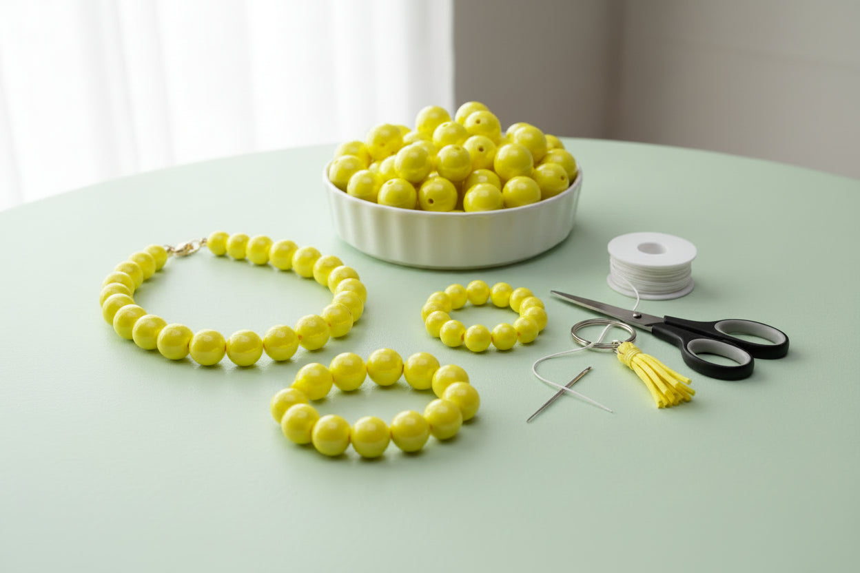 Yellow iridescent beads in a white bowl on a craft table with the beads displayed as necklaces and bracelets