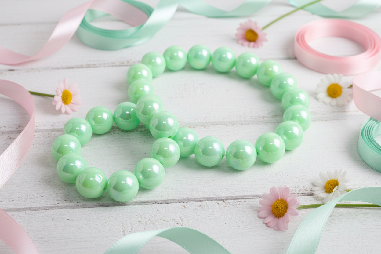 green iridescent beads displayed as a necklace on a white wooden surface with pink ribbons and flowers.