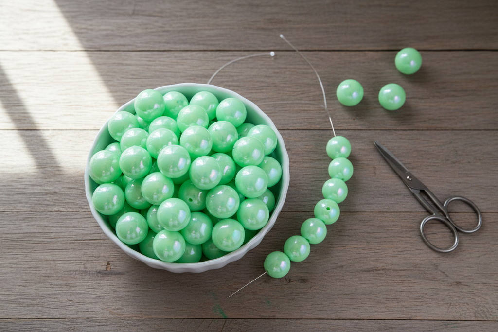 green iridescent beads in a bowl, on a string, and with scissors on a wooden surface