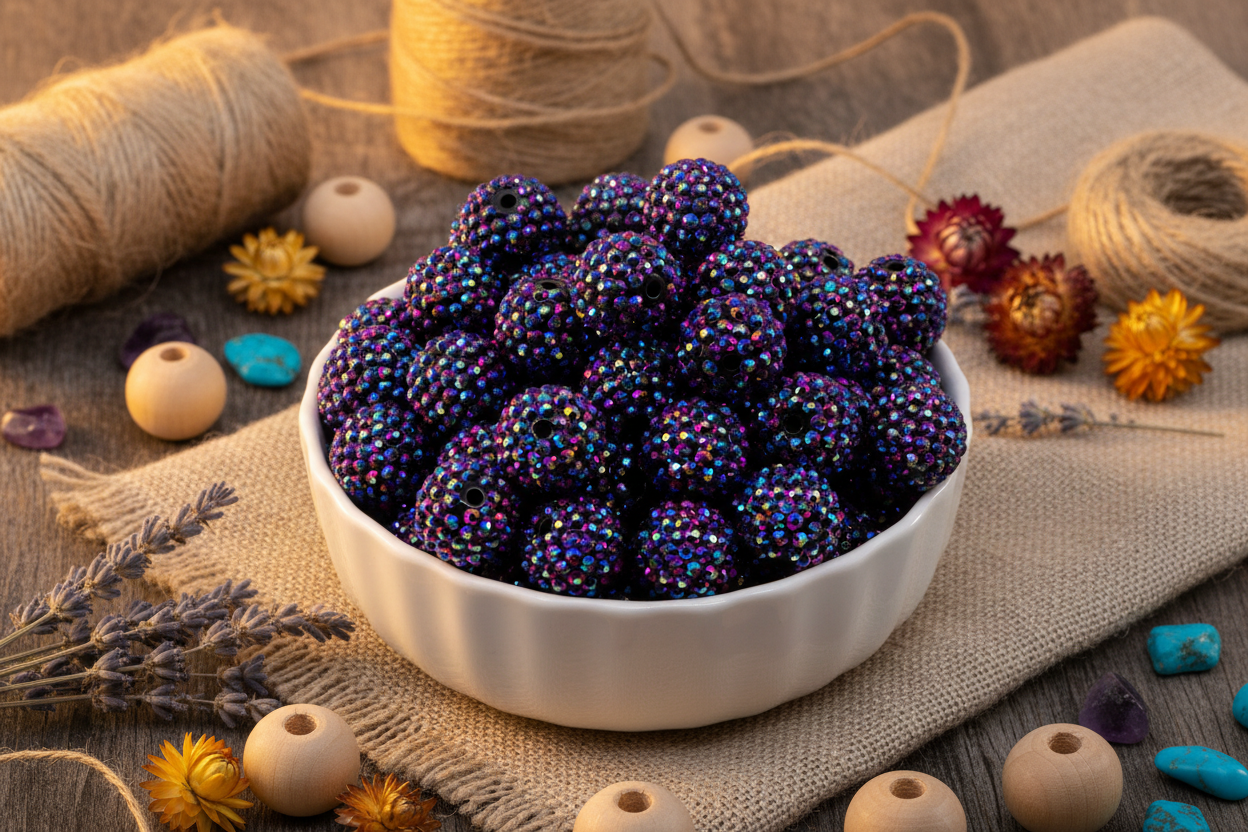 A white ceramic bowl filled with metallic indigo AB rhinestone bubblegum beads, styled on a rustic wooden surface with burlap, twine, dried flowers, and wooden beads.