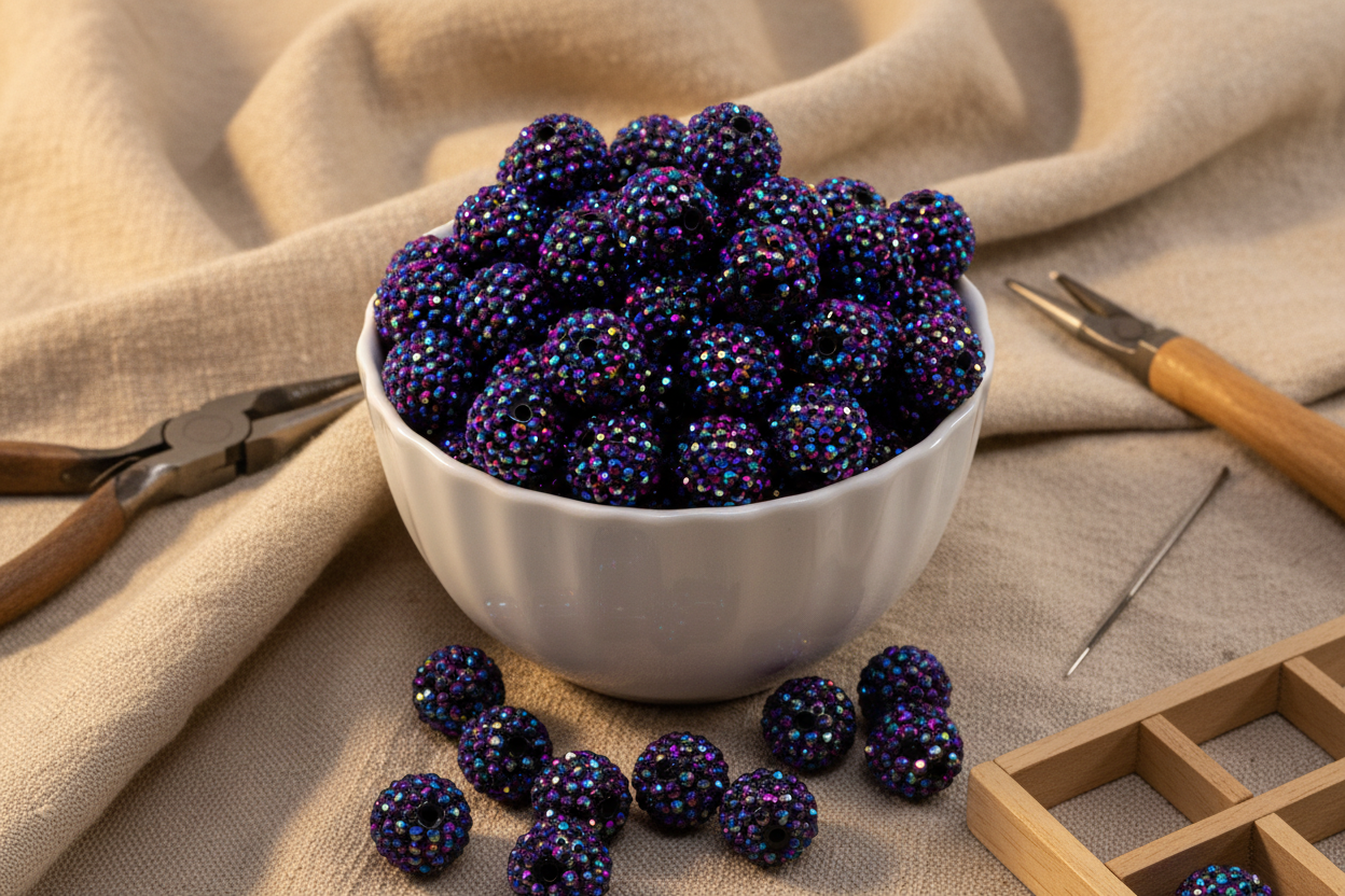 A white bowl filled with metallic indigo AB rhinestone bubblegum beads, styled on a beige linen cloth with crafting tools like pliers, a wooden needle, and a wooden bead grid.