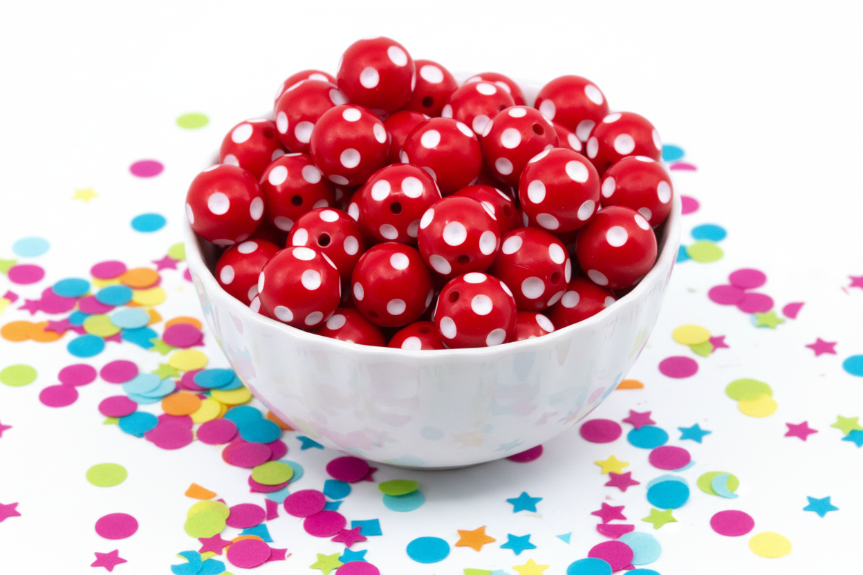 Red round beads with white polka dots piled in a white ceramic bowl, surrounded by colorful confetti on a white background.