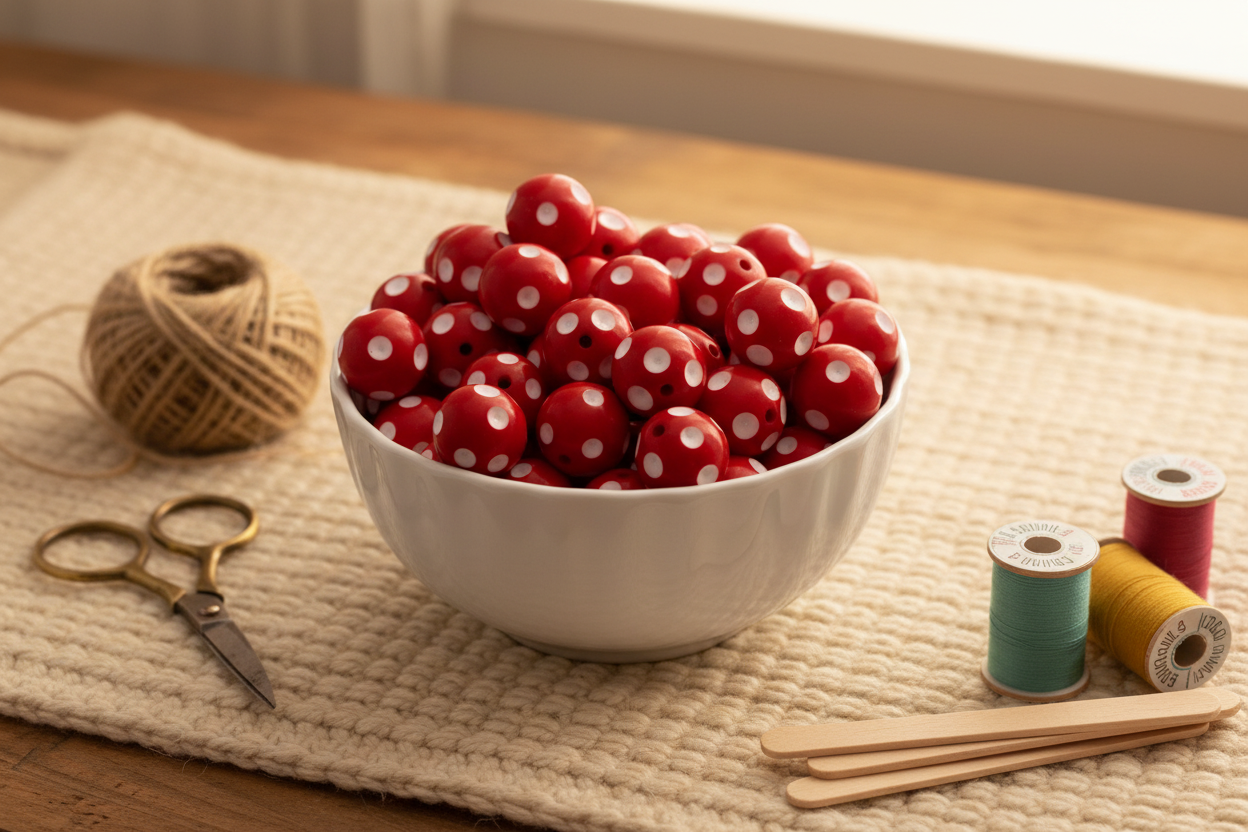 A white ceramic bowl filled with red beads with white polka dots, styled on a beige woven placemat with craft supplies including scissors, twine, thread spools, and wooden sticks on a wooden table.