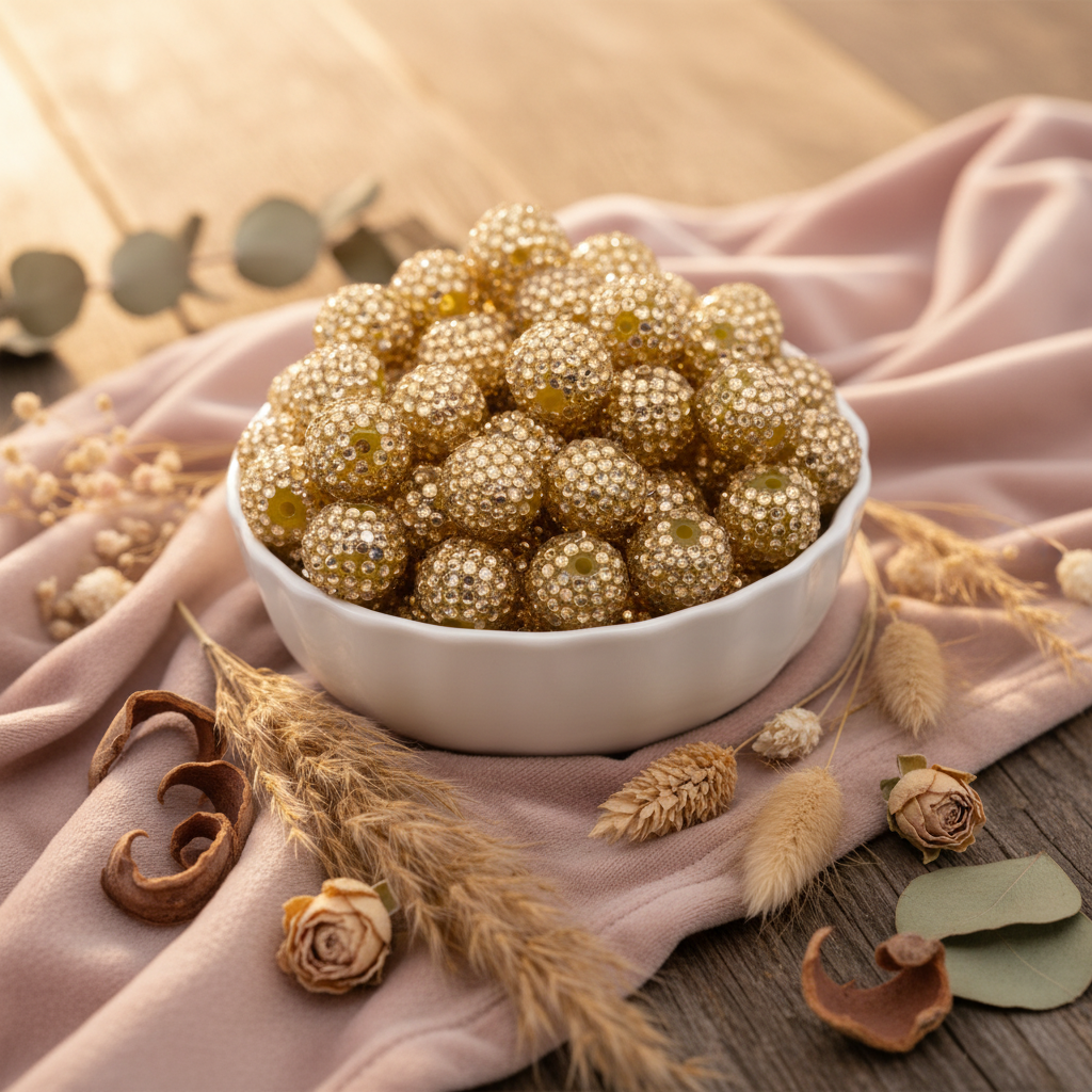 a white ceramic bowl of champagne colored bubblegum rhinestone beads displayed on a pink fabric piece with dried flowers on a wooden table 
