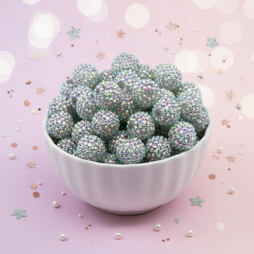 A pile of round, crystal AB rhinestone beads sitting in a white bowl against a pink background with star confetti