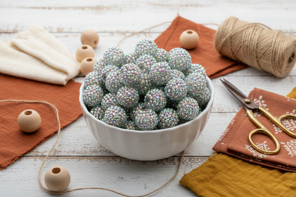 A white ceramic bowl crystal AB rhinestone beads, styled on a white wooden surface with craft props including wooden beads, twine, scissors, and fabric napkins.