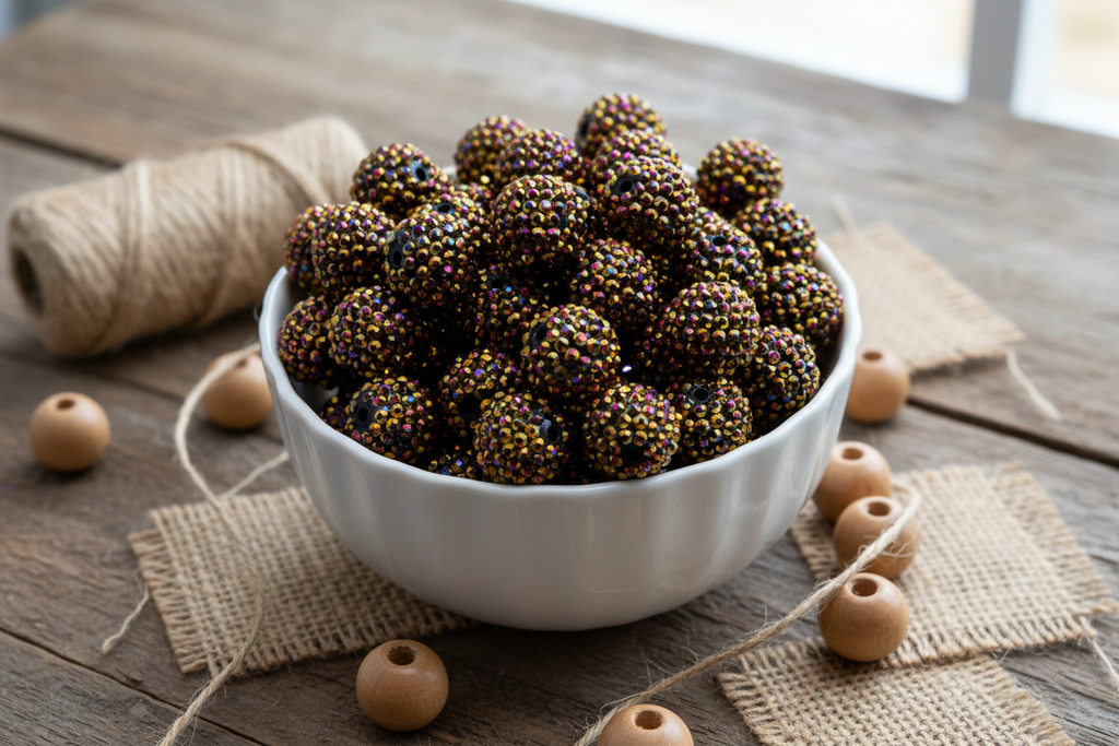A white ceramic bowl filled with gold AB rhinestone bubblegum beads, styled on a rustic wooden table with burlap, twine, and wooden beads.