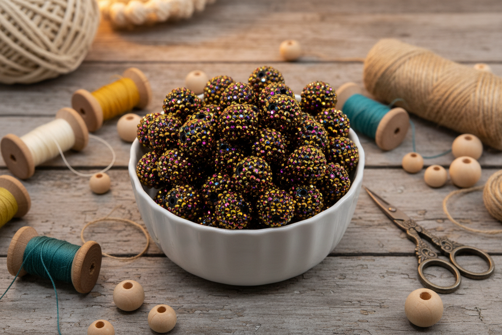 A white ceramic bowl filled with gold AB rhinestone bubblegum beads styled on a rustic wooden table with spools of thread, wooden beads, and scissors.