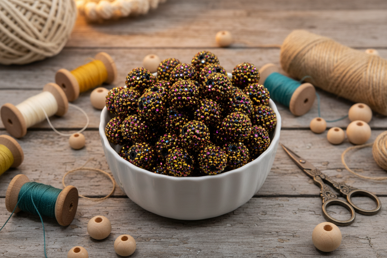 A white ceramic bowl filled with gold AB rhinestone bubblegum beads styled on a rustic wooden table with spools of thread, wooden beads, and scissors.