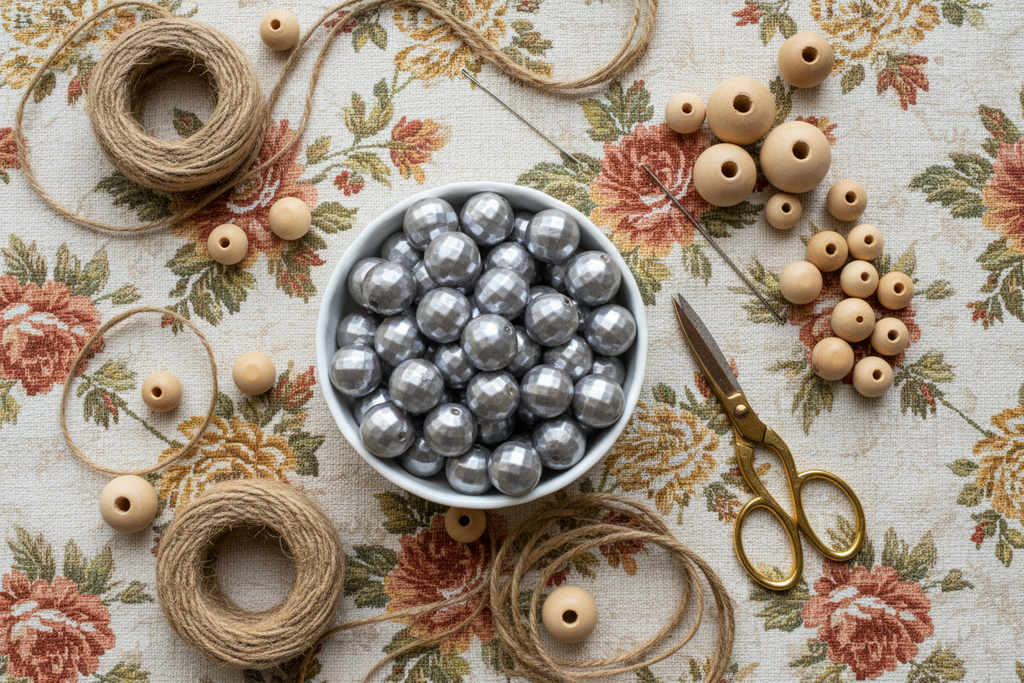 A styled flat-lay of craft supplies on a floral fabric background, featuring a white bowl filled with shiny silver beads, scattered natural wood beads, two spools of twine, and a pair of gold-handled scissors.