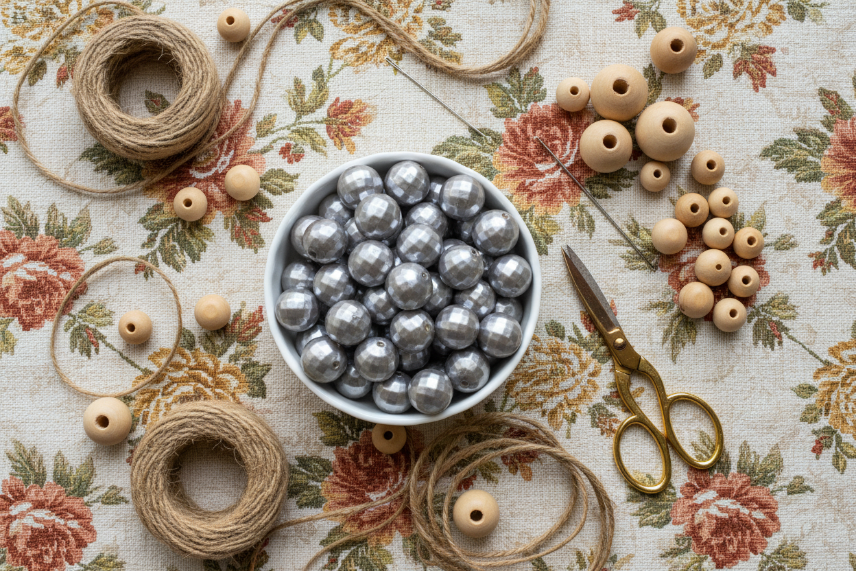 A styled flat-lay of craft supplies on a floral fabric background, featuring a white bowl filled with shiny silver beads, scattered natural wood beads, two spools of twine, and a pair of gold-handled scissors.