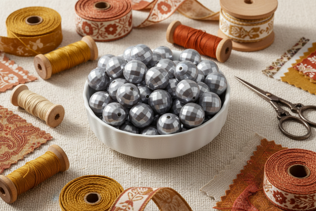 A white bowl filled with faceted silver beads, surrounded by spools of thread, patterned ribbons, and scissors on a textured fabric background.