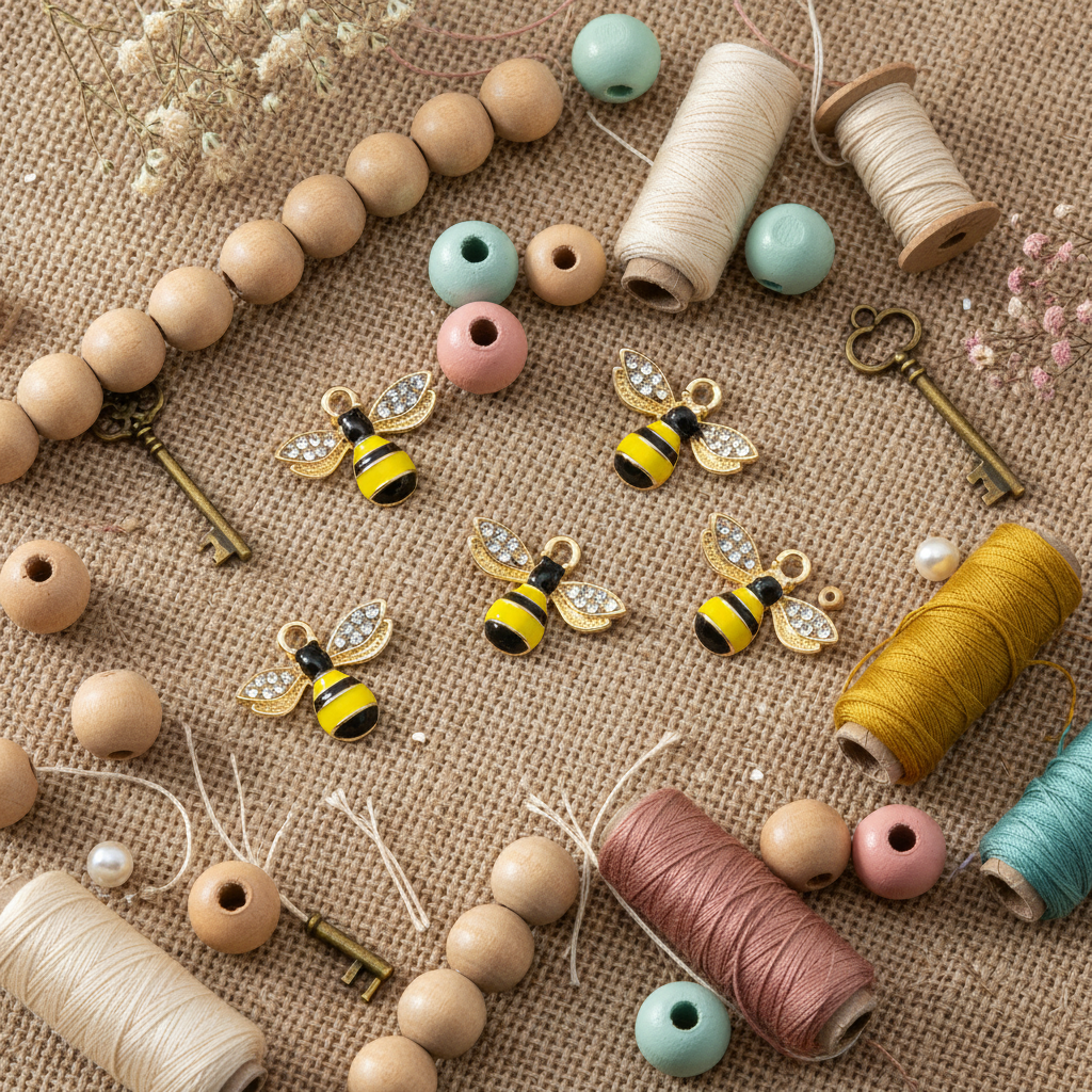 Gold bumblebee jewelry charms with black and yellow enamel and rhinestone wings, arranged on a burlap surface with wooden beads, spools of thread, keys, and small decorative props.