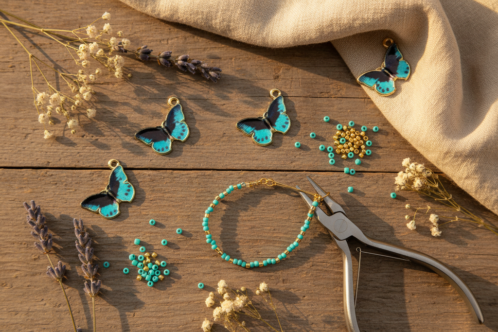 A styled flat-lay of jewelry-making supplies on a rustic wooden surface, featuring four blue and black butterfly charms, a beaded bracelet, silver wire cutters, and dried lavender and flowers next to a beige linen cloth.