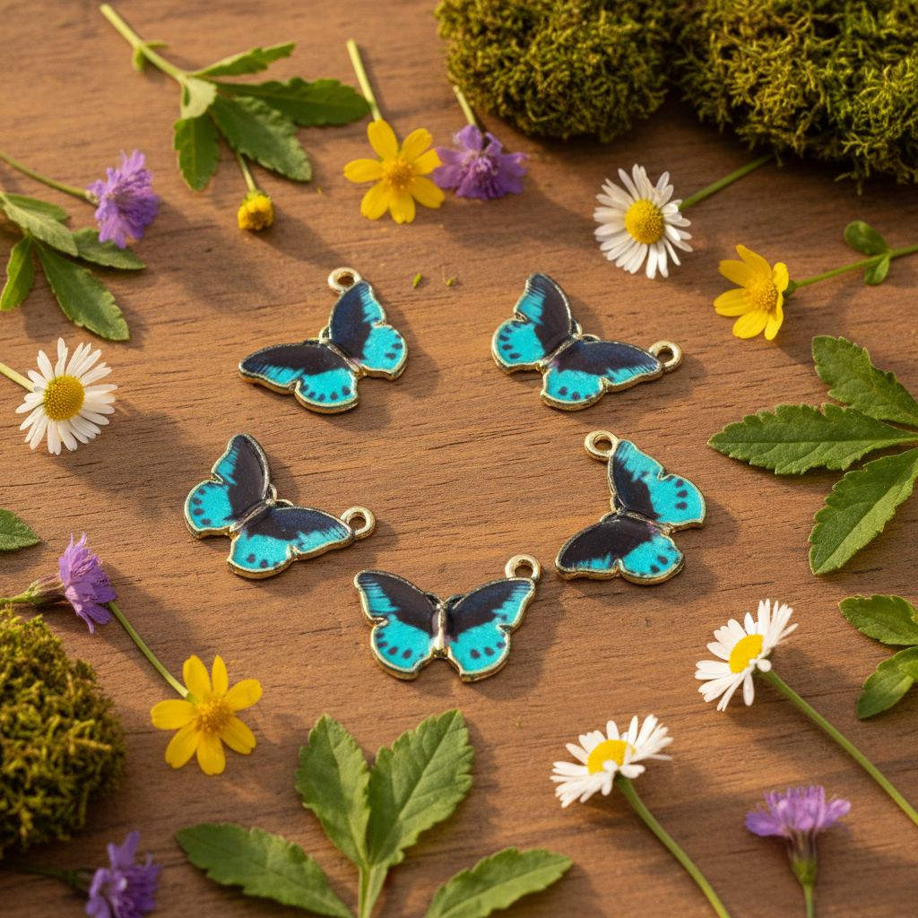 Five butterfly-shaped jewelry charms with  blue and black enamel wings and gold-tone borders, arranged on a wooden surface with small white daisies, yellow flowers, green leaves, and mossy accents.