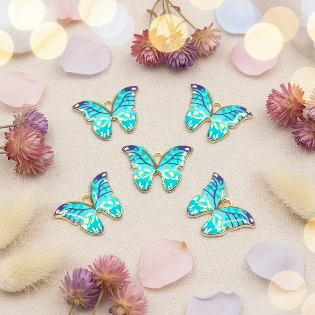 five blue butterfly jewelry charms displayed on a cream background with petals and flower bunches 