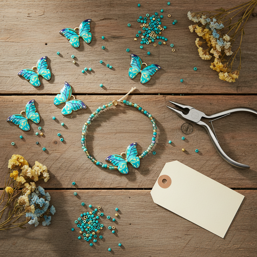 flat lay of a handmade beaded bracelet with pliers, blue butterfly charms and dried flowers on a wooden background